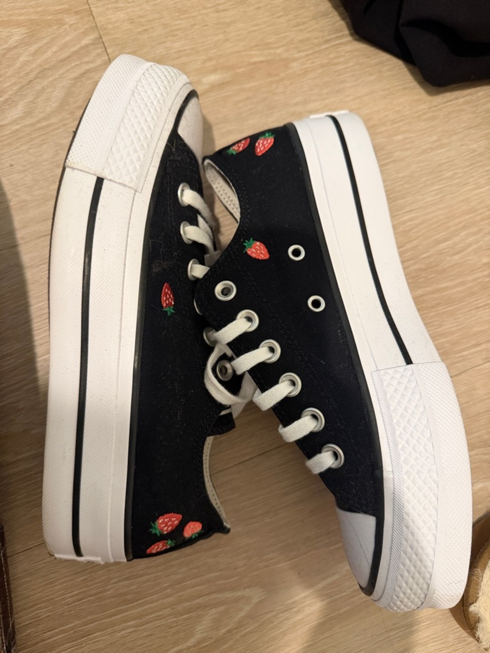 Converse Black Canvas Platform Sneakers with Strawberry Embroidery